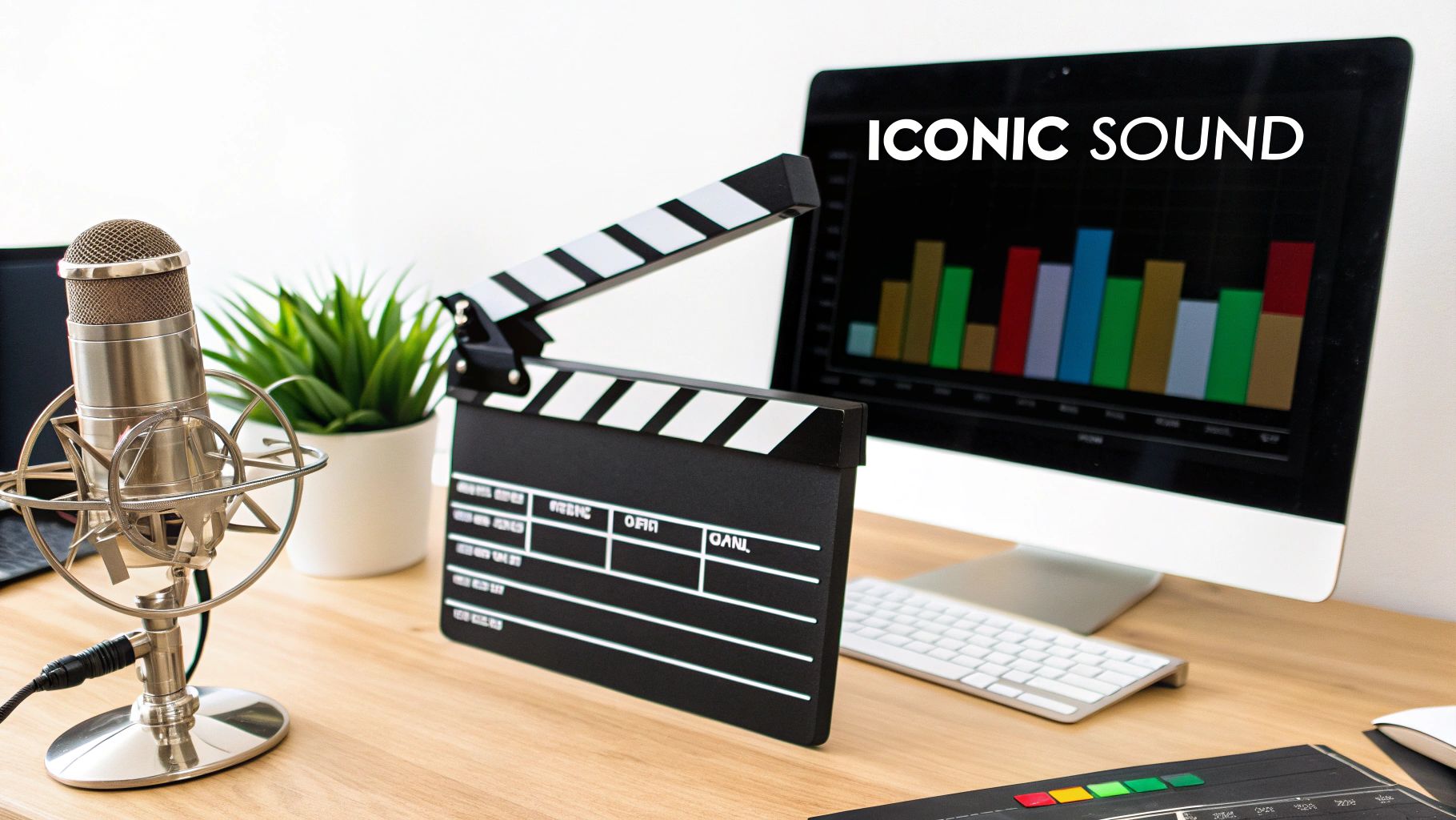 A recording studio desk with a microphone, film clapperboard, and monitor displaying 'ICONIC SOUND' and audio levels.