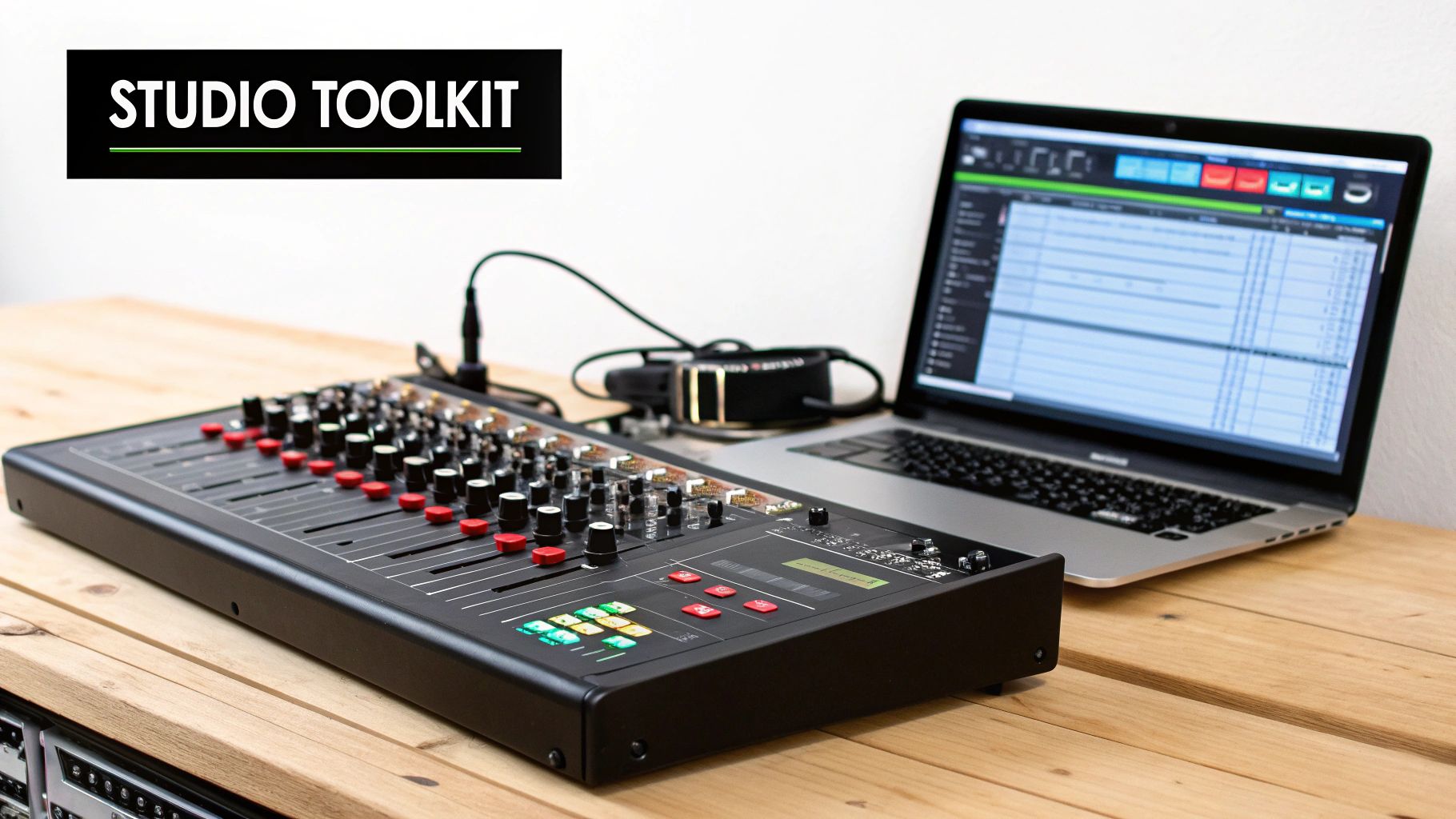 A black audio mixer and laptop with music production software on a wooden desk.
