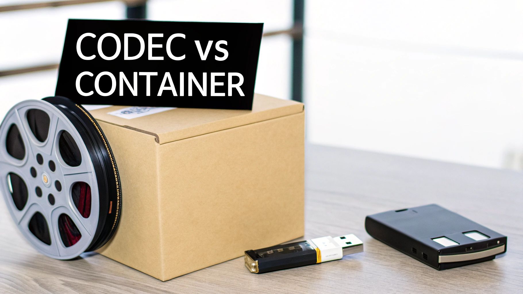 A film reel, cardboard box, USB drive, and media player with a 'CODEC vs CONTAINER' sign.