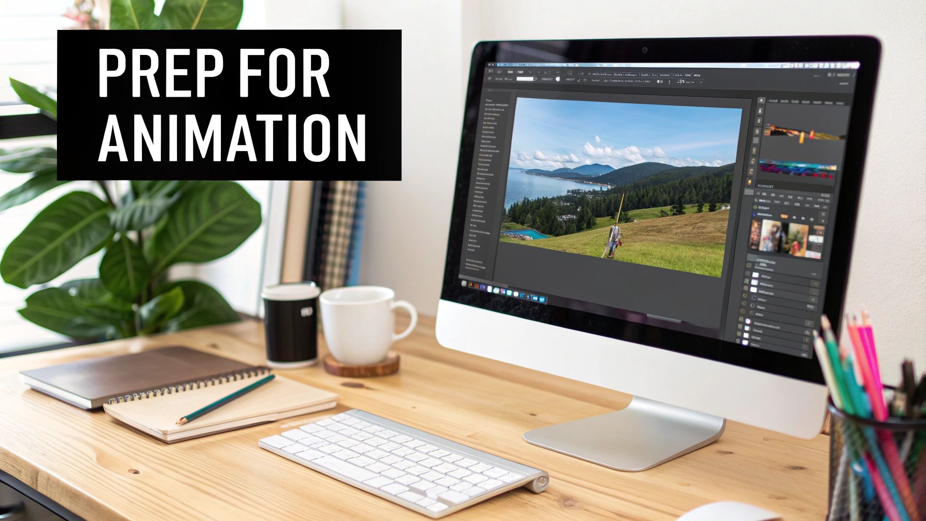 Computer monitor displaying photo editing software with landscape image, workspace setup for animation preparation