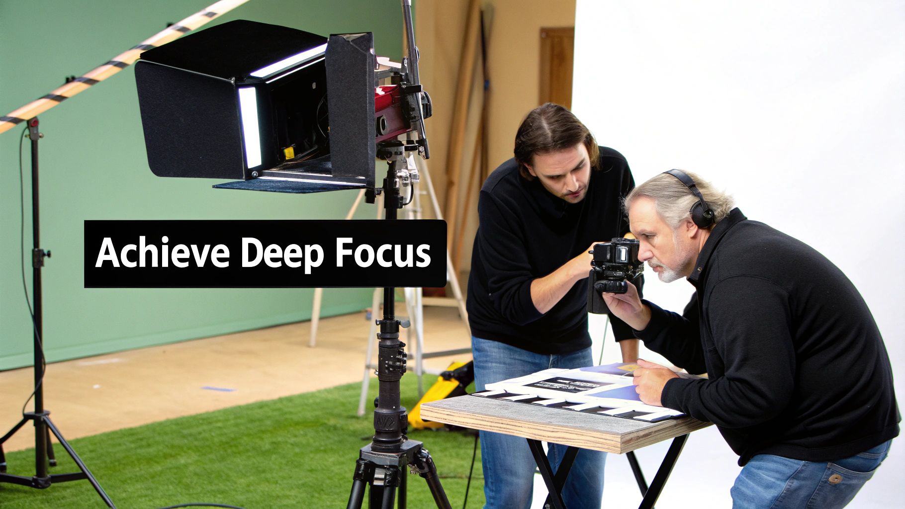 Two men in a studio adjusting camera settings for a deep focus shot of objects on a table.