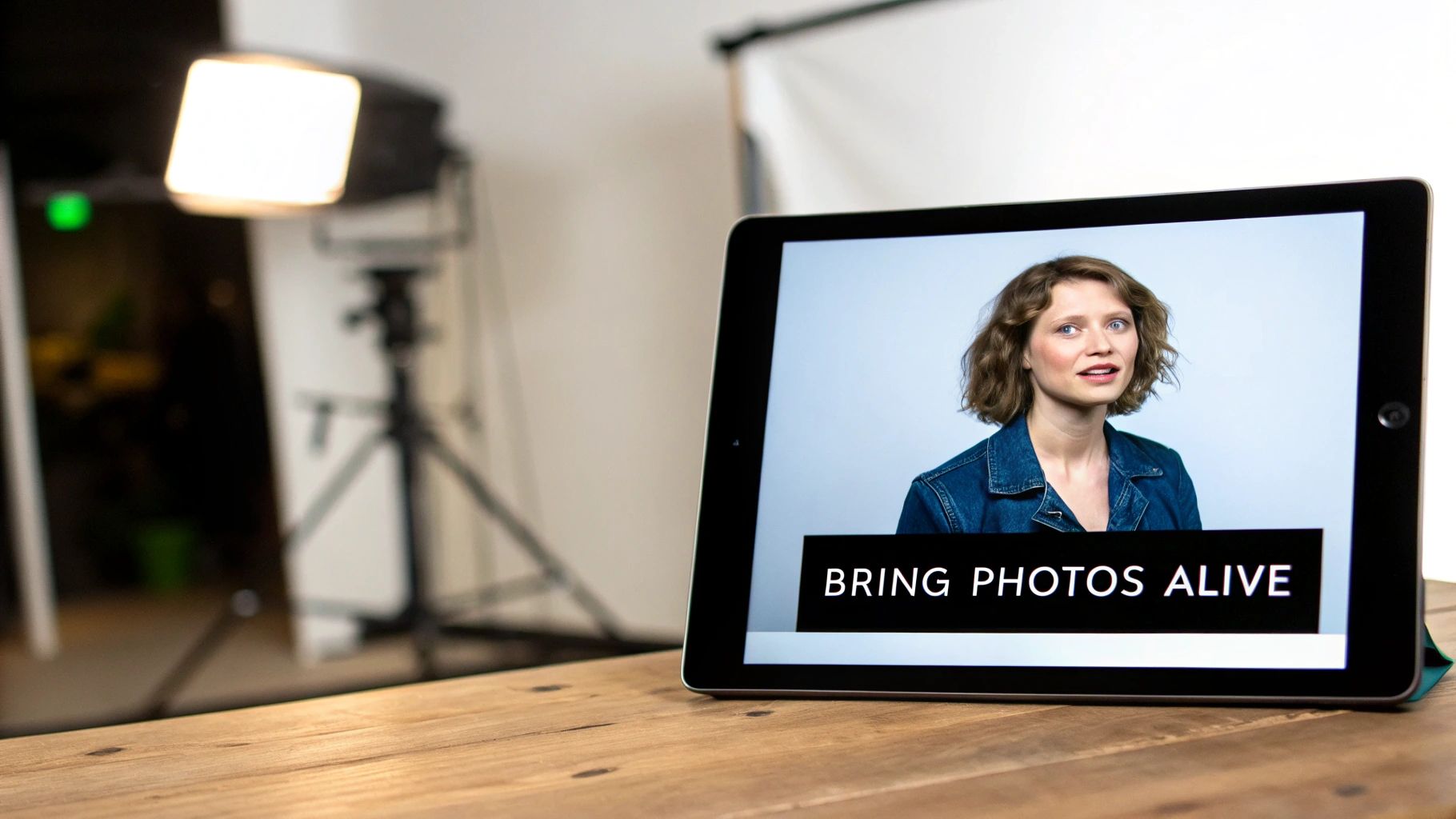 Tablet displaying woman's portrait with text 'Bring Photos Alive' in professional studio setup