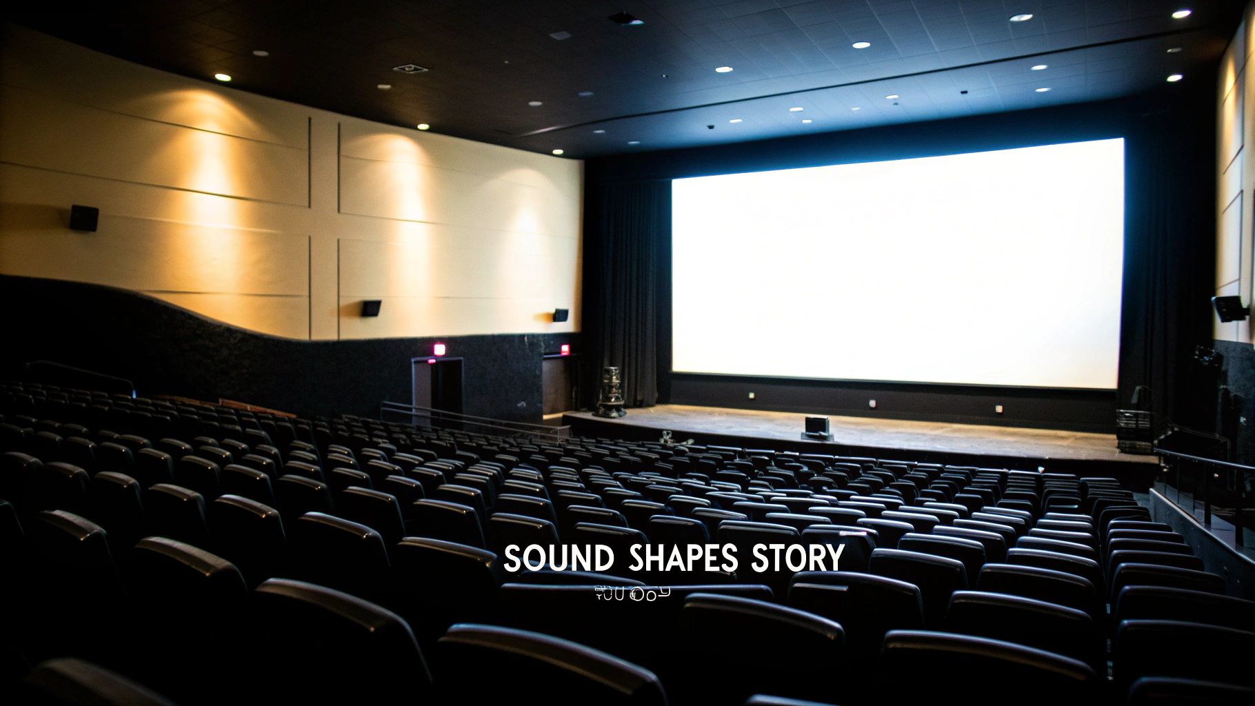An empty, dark movie theater with rows of black seats and a large, bright white screen.