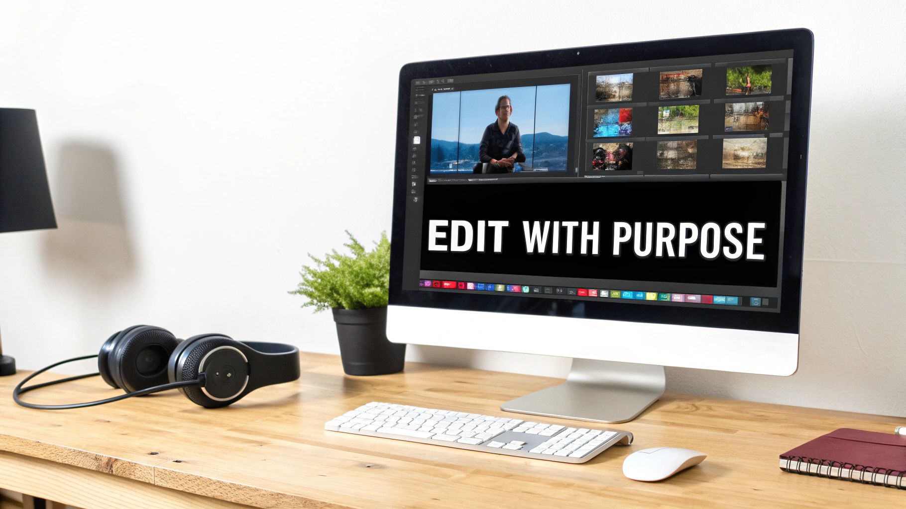 A desk with a computer monitor displaying video editing software and “EDIT WITH PURPOSE” text.