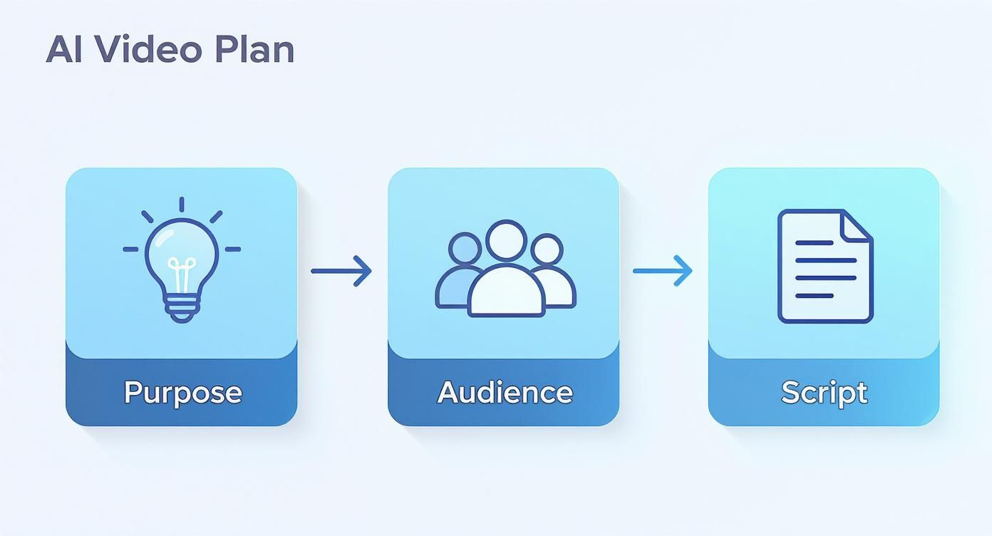 Three-step AI video planning process showing purpose with lightbulb, audience with people icons, and script with document