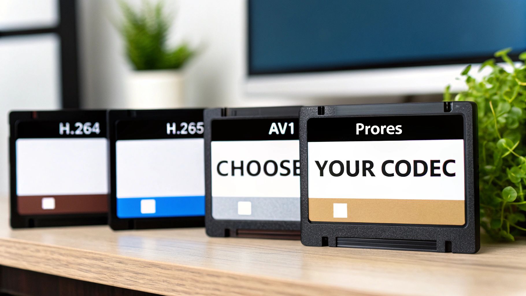 Four video codec cards (H.264, H.265, AV1, Prores) displayed on a desk with 'Choose Your Codec'.