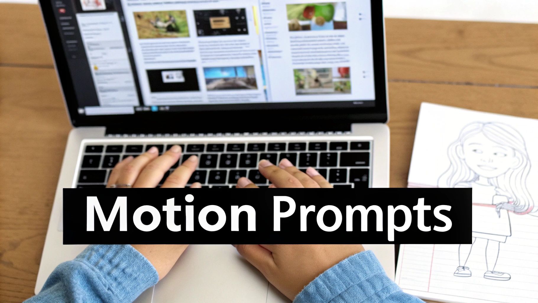 Person typing on laptop with motion prompts text overlay and character sketch nearby