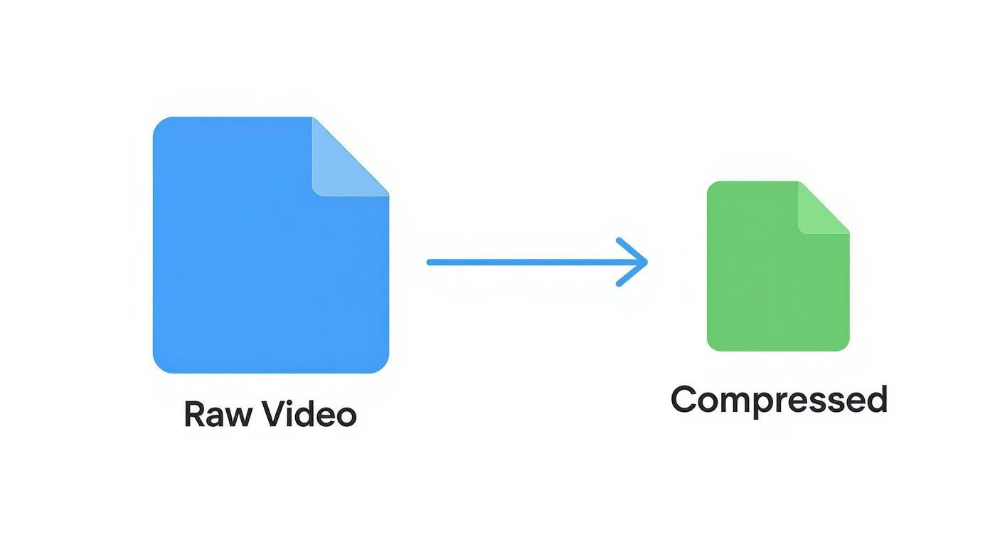 An illustration showing a 'Raw Video' file being compressed into a smaller 'Compressed' file.
