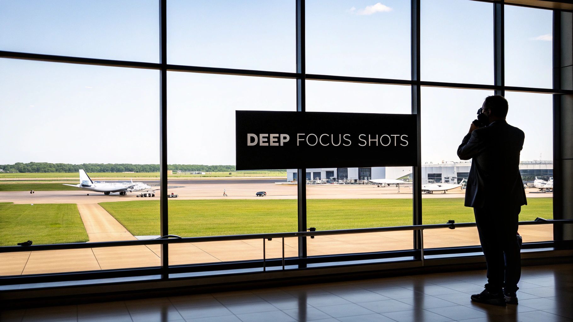 A person photographs an airport tarmac with airplanes through a large window, next to a 'DEEP FOCUS SHOTS' sign.