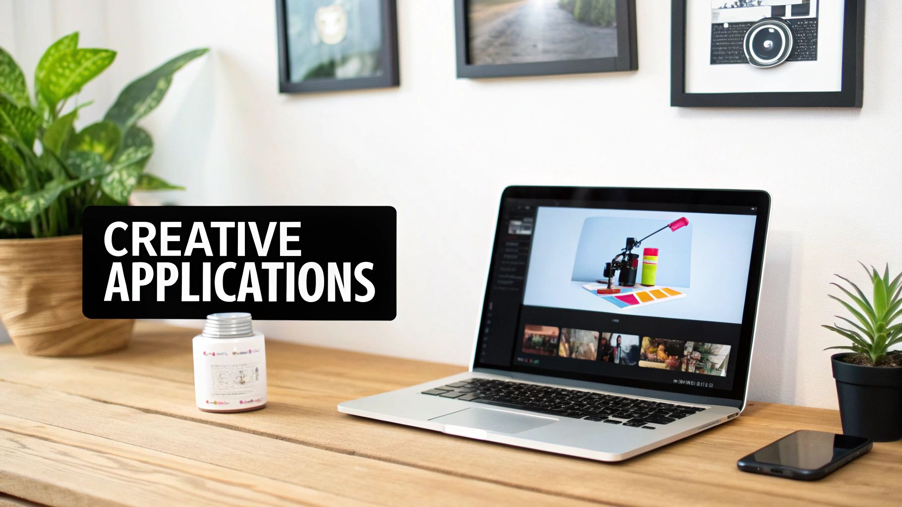 Laptop displaying creative photo editing software on wooden desk with plants and smartphone