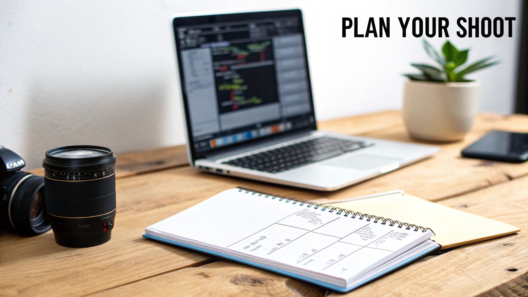 A creative workspace showing a camera, laptop, notebook, plant, and phone, essential for planning a shoot.