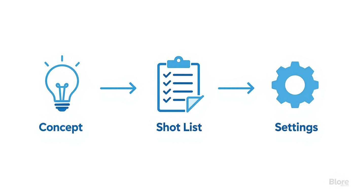 A diagram showing a three-step creative process: Concept (lightbulb), Shot List (clipboard), and Settings (gear).