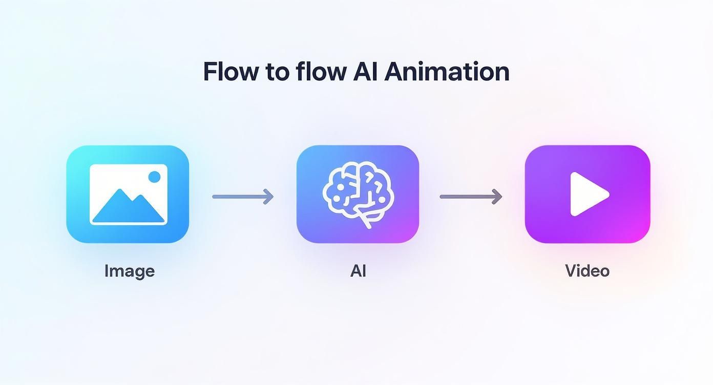 Flow diagram showing image to AI processing to video animation workflow with colorful icons