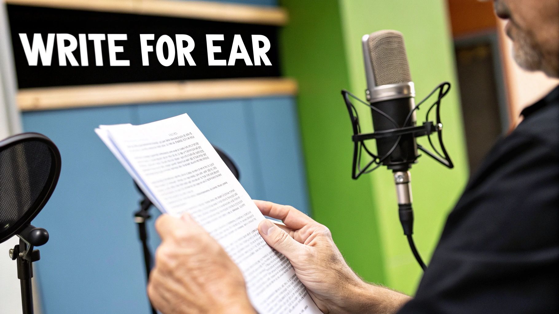 Voice actor reading script pages in professional recording studio with microphone and sound equipment