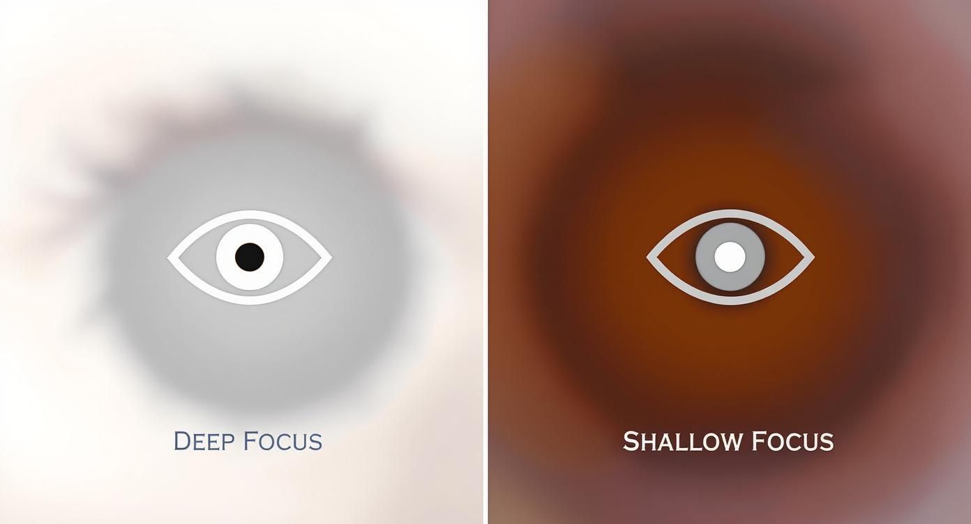 Visual comparison of deep focus and shallow focus using eye icons with varying pupil sizes.