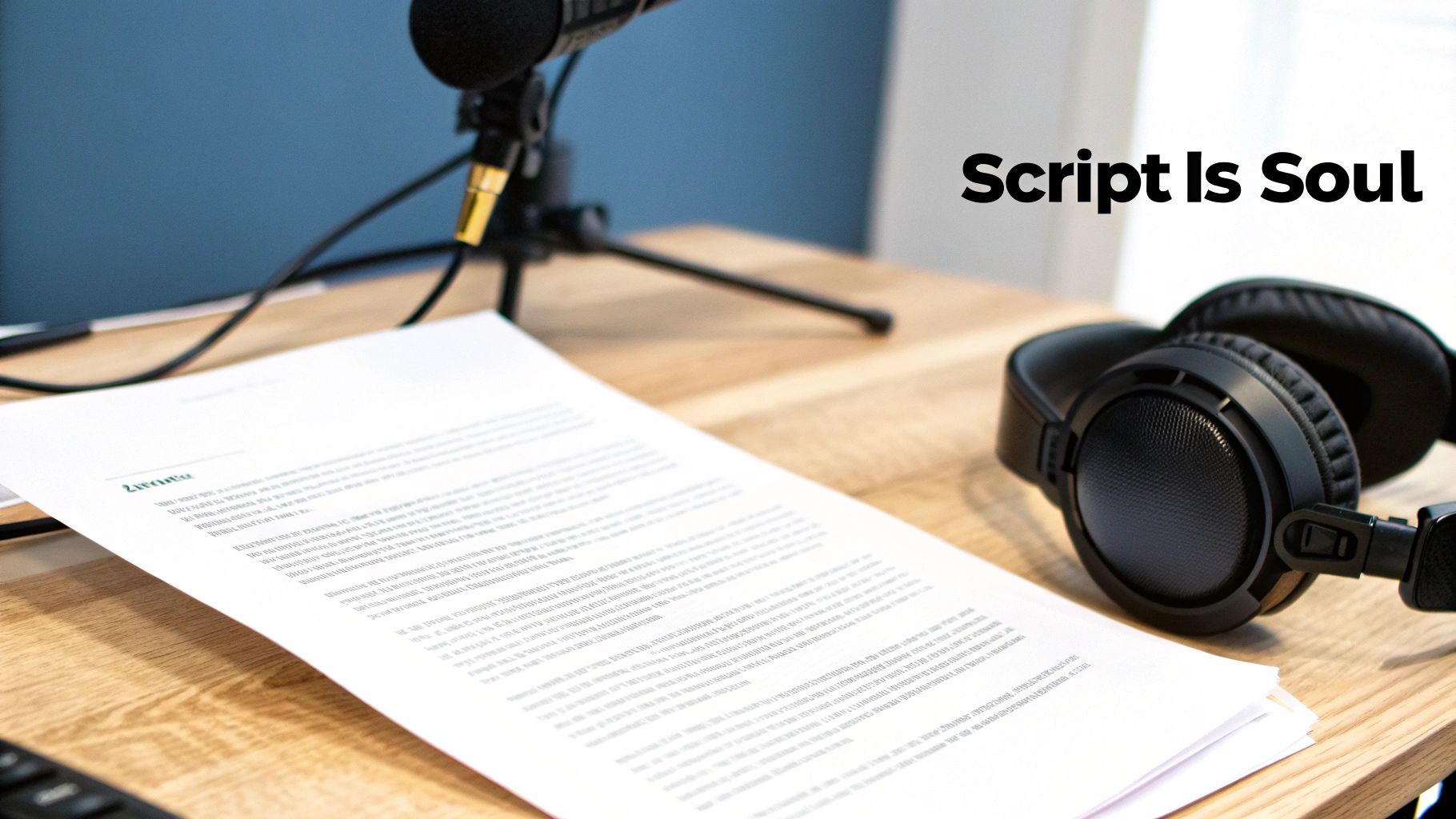 Voice over recording studio setup with microphone, script pages, and professional headphones on wooden desk