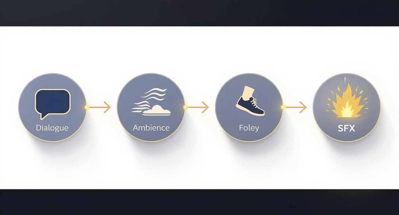 Diagram showing the sound design process with Dialogue, Ambiance, Foley, and SFX icons.