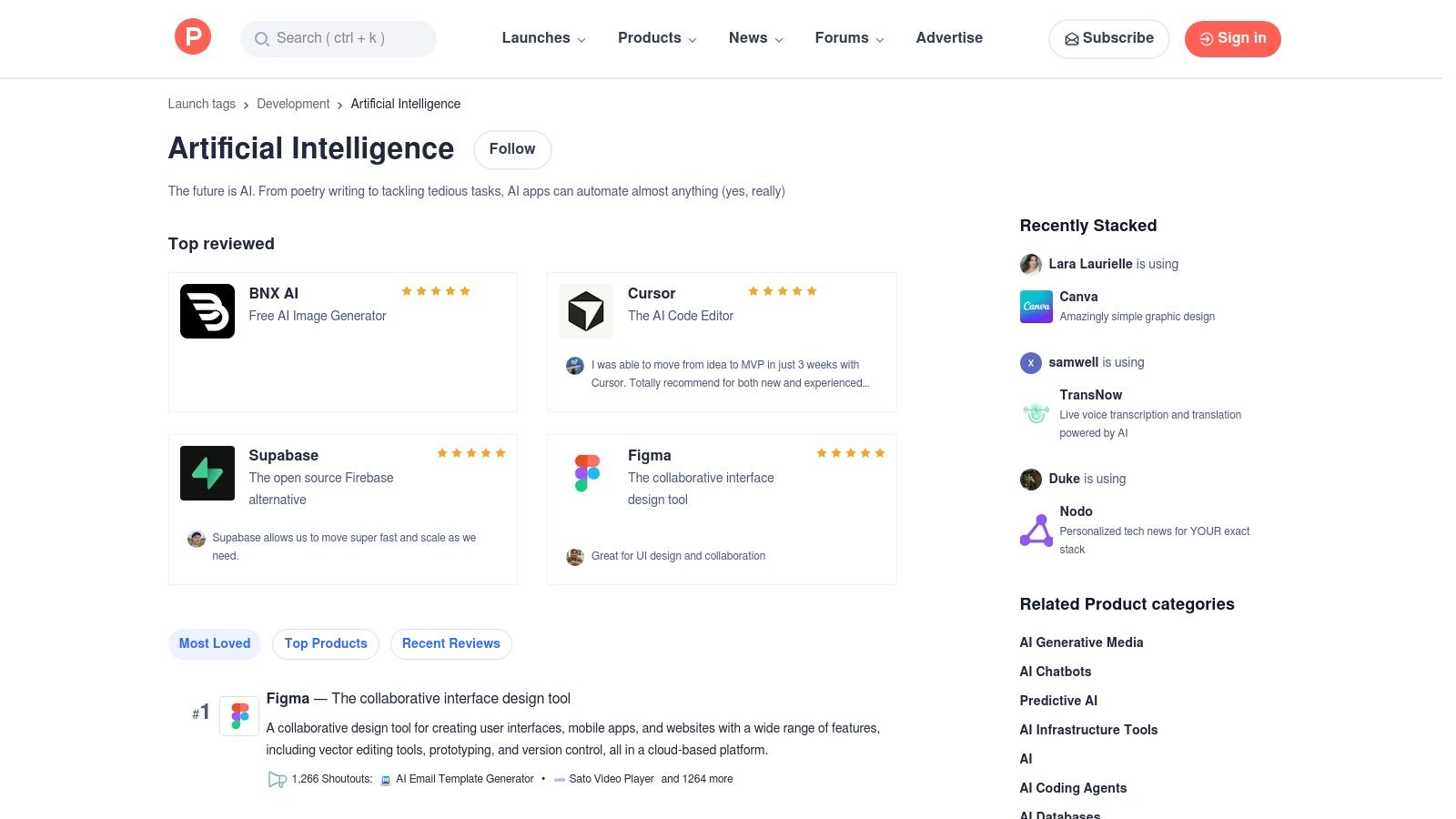 Product Hunt – Artificial Intelligence topic