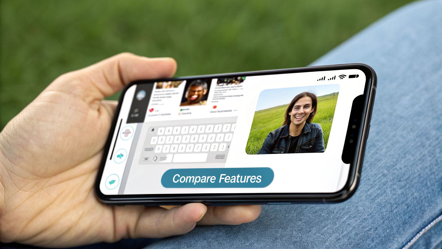 A man and woman sitting at opposite ends of a park bench, looking at their phones, with a lightbulb graphic between them.