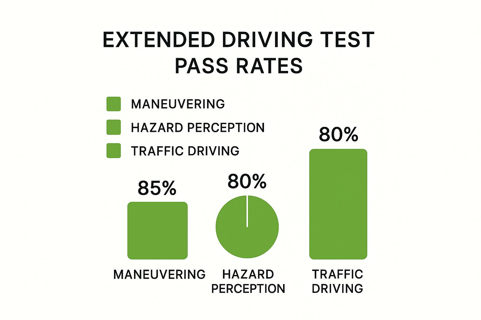 An infographic showing comparative success rates for different components of the extended driving test.