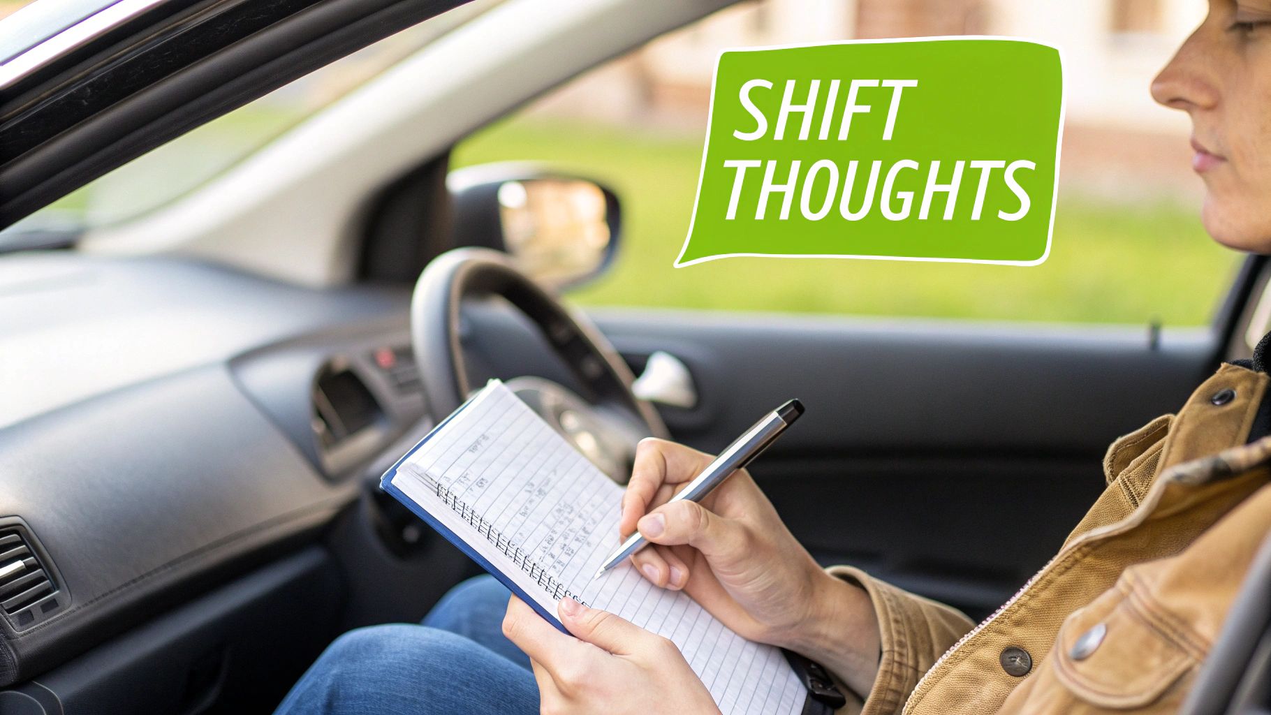 A driver's hands resting calmly on a steering wheel, with a serene road ahead.