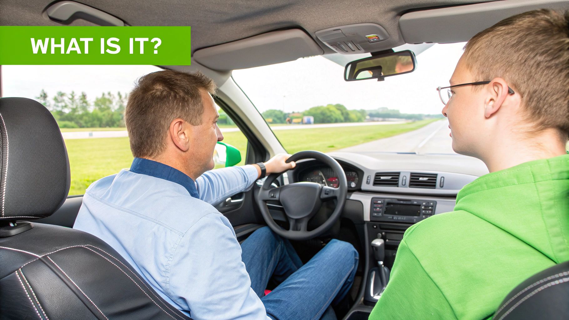 An instructor and learner driver sitting in a car, discussing the test route on a map.