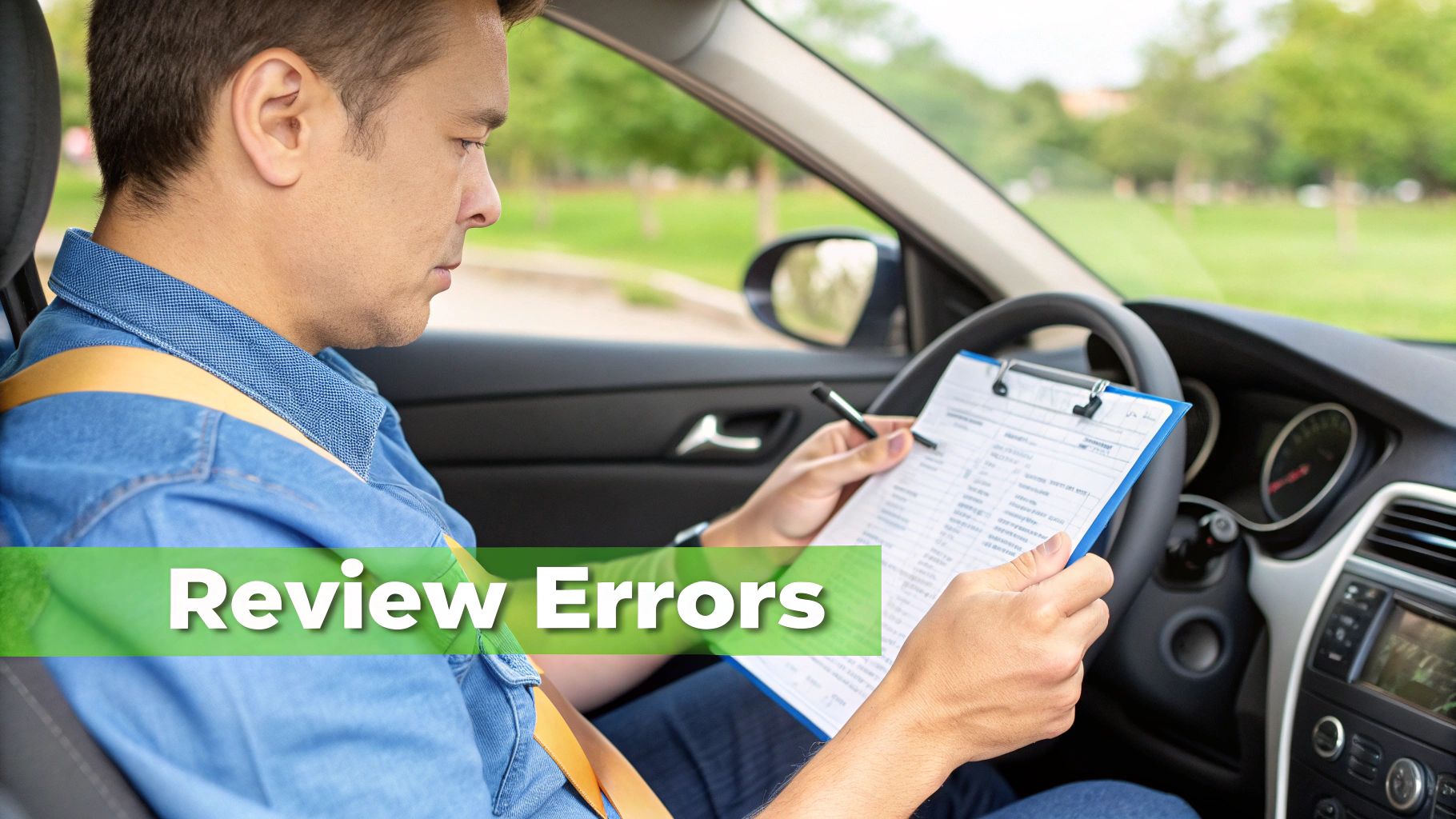 A driving instructor showing a feedback sheet to a learner driver inside a car