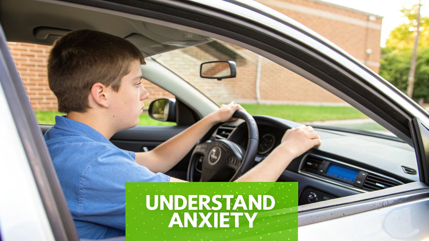 A calm learner driver during a lesson, focusing on the road ahead.