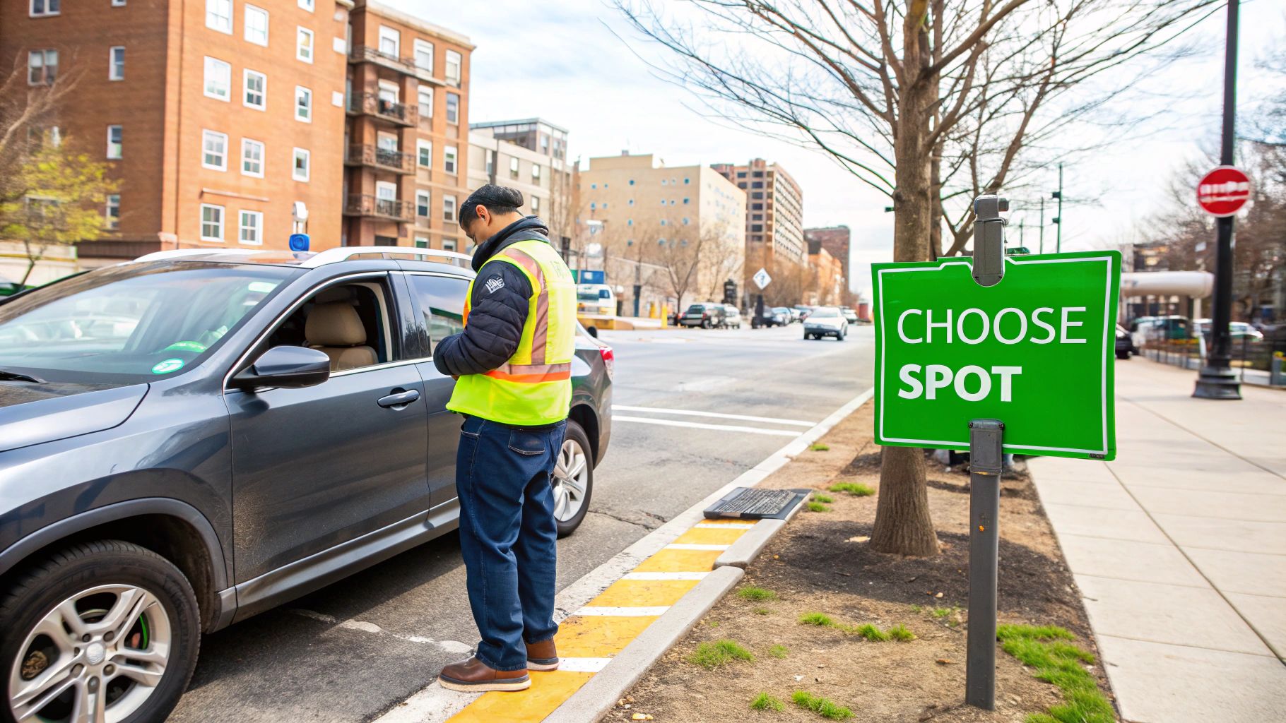 A driver looking stressed while attempting to parallel park, with other cars and onlookers visible