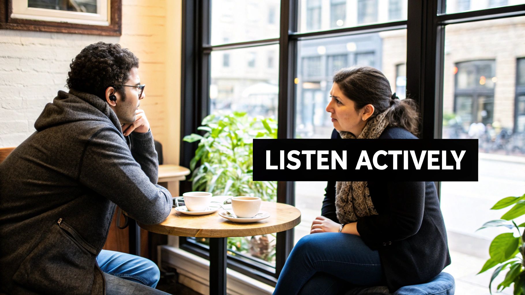A man and a woman engaged in deep conversation, showing active listening.