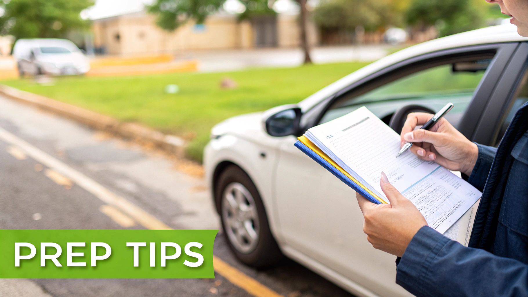 A person reviewing driving test statistics on a tablet with charts and graphs.