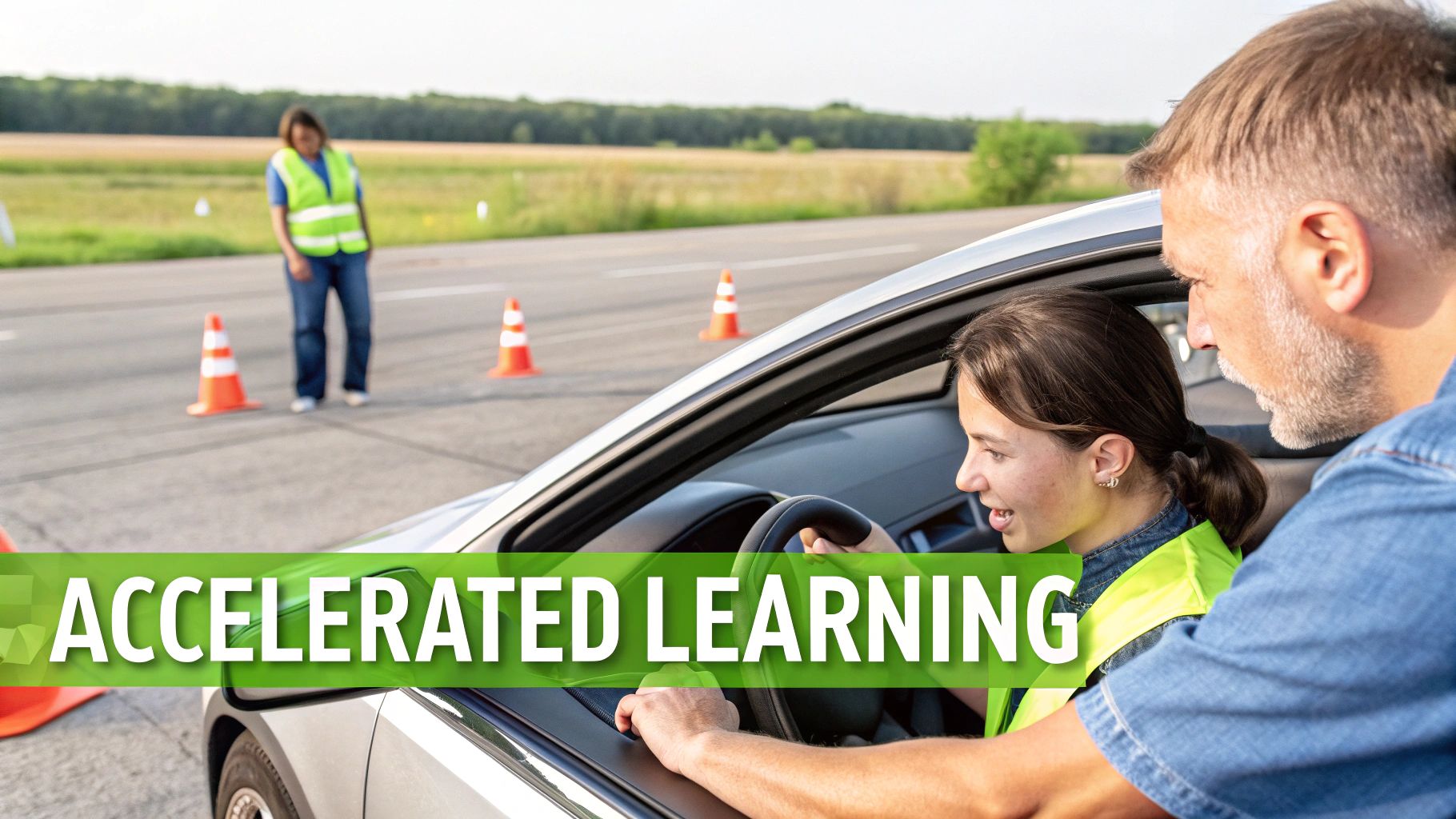 A learner driver and instructor smiling in a car, showing the positive learning environment of an intensive driving course.