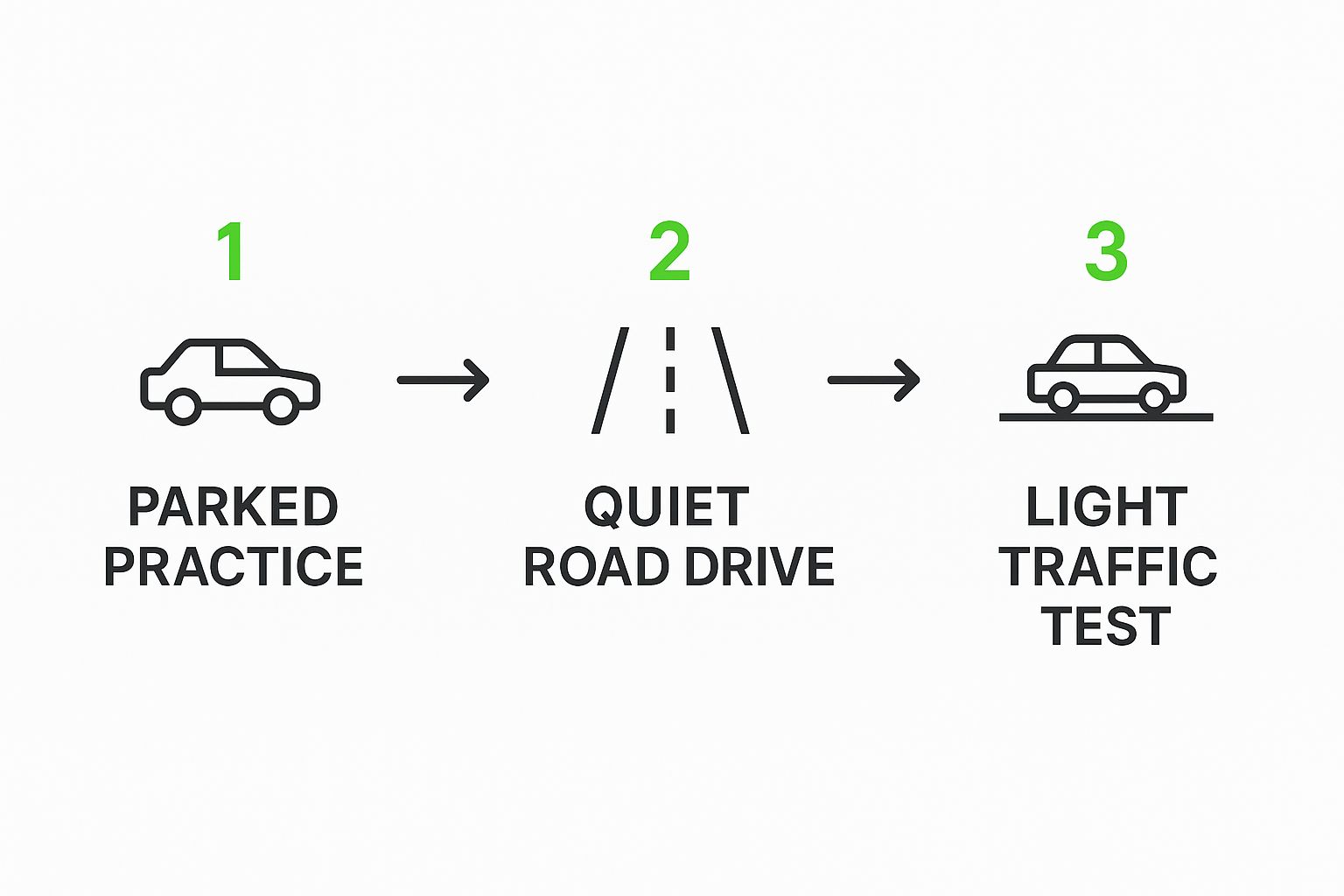 Infographic showing the progression from parked practice, to quiet road driving, to light traffic tests.