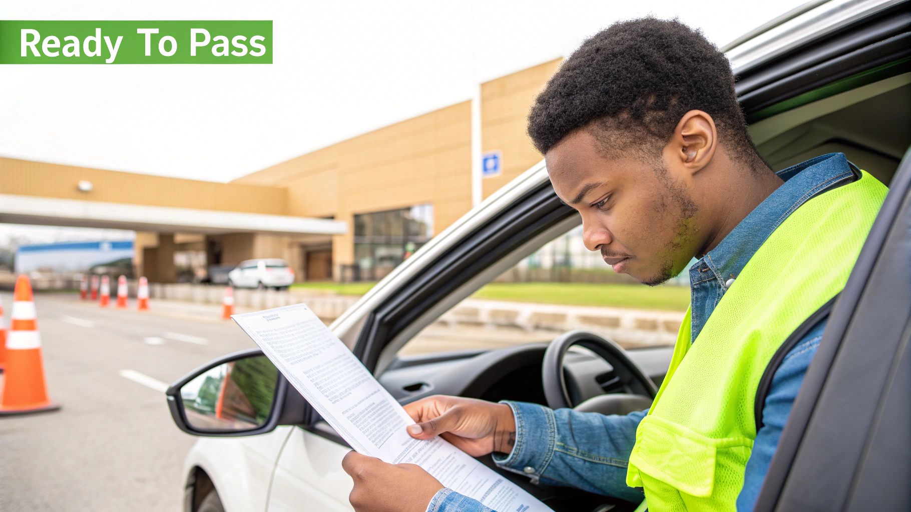 A person visualising success while sitting in a car before their driving test.