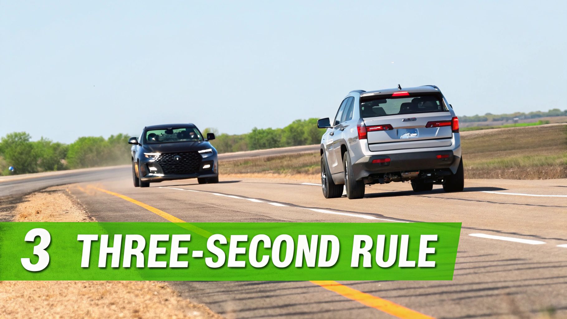 A car maintaining a safe following distance from the vehicle in front on a clear day, illustrating the two-second rule.