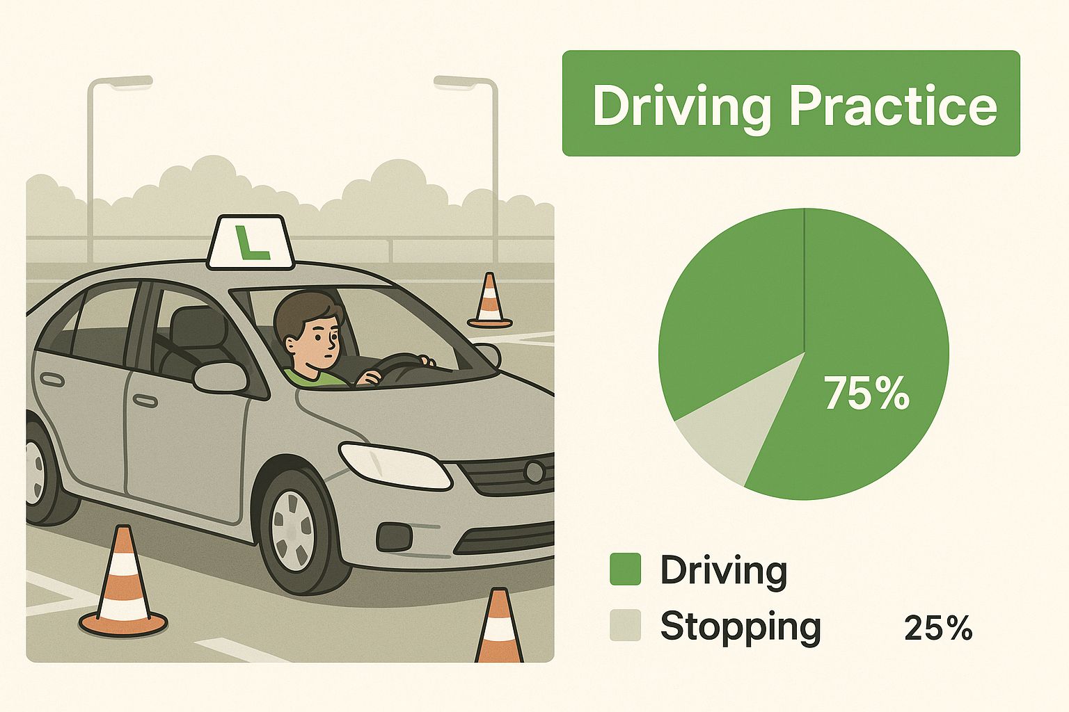 Infographic showing a learner driver practicing in an empty car park, with 'Driving Practice' text.