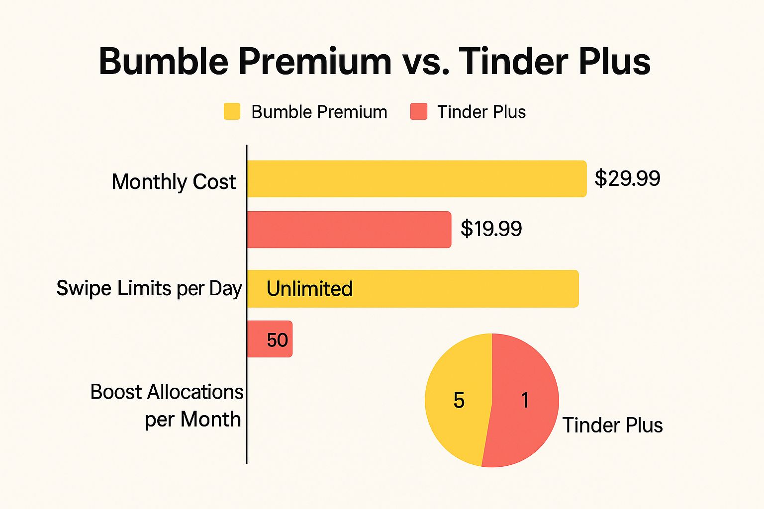 Infographic comparing monthly cost, swipe limits, and boost allocations for Bumble Premium and Tinder Plus.