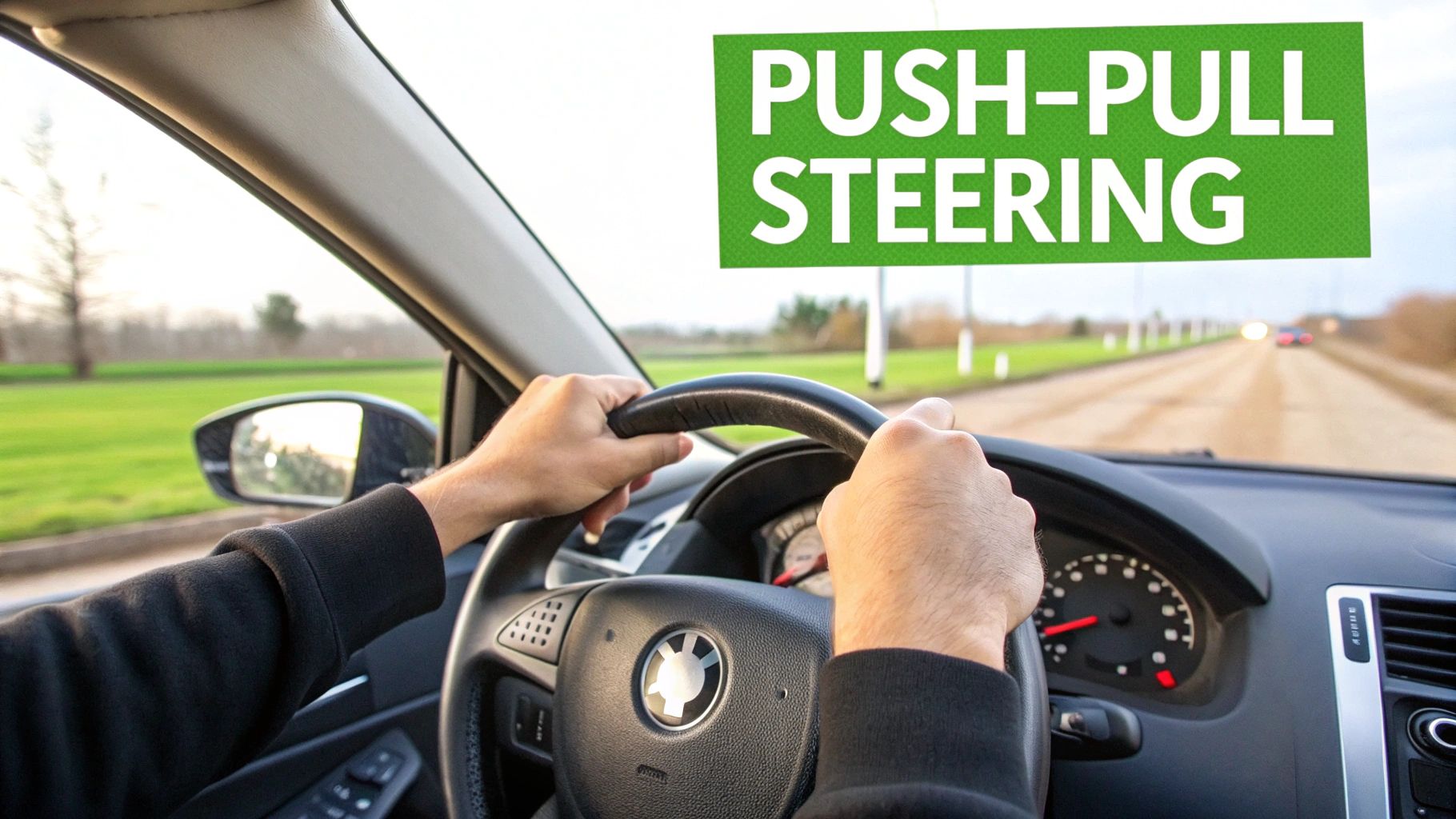 Image of hands using the push-pull steering technique on a steering wheel, demonstrating smooth control.