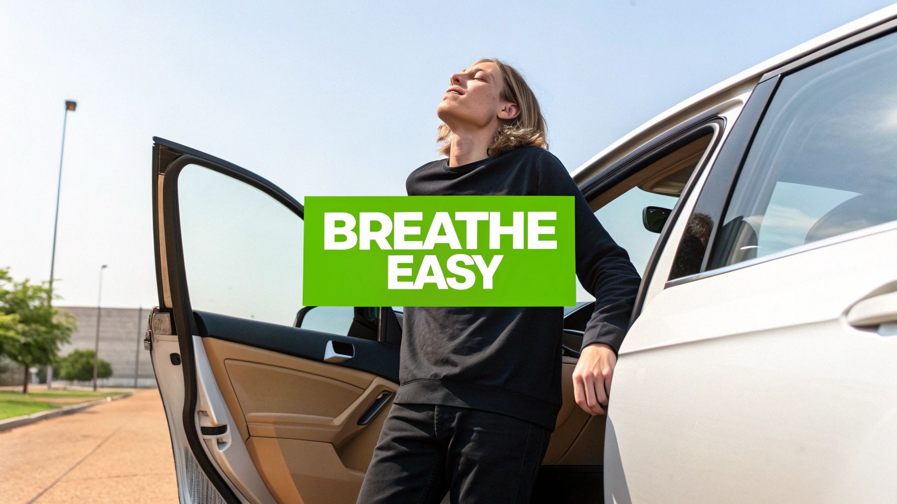 A person sitting calmly in the driver's seat of a car, taking a deep breath with their eyes closed before starting to drive.