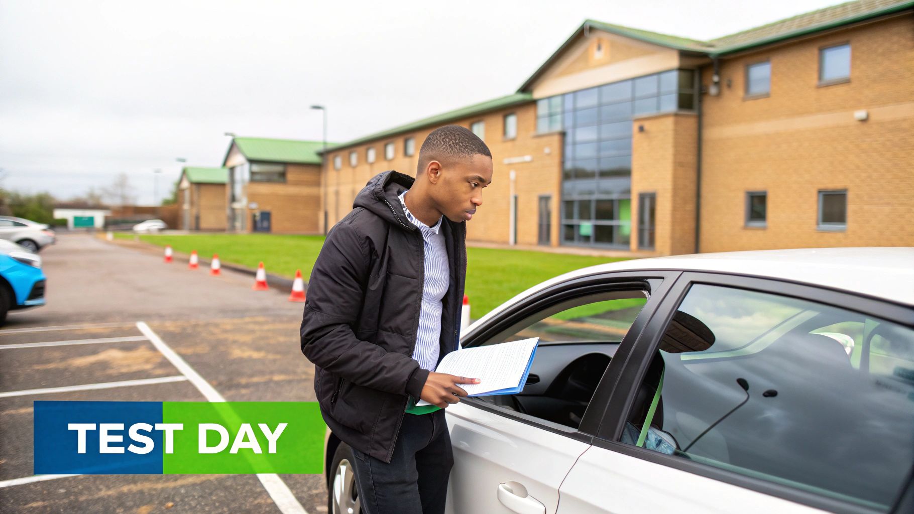 A learner driver looking stressed while considering potential booking problems