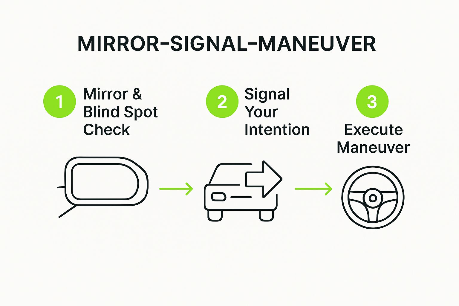 Infographic showing the three-step Mirror-Signal-Manoeuvre process: 1. Mirror & Blind Spot Check, 2. Signal Your Intention, 3. Execute Manoeuvre.