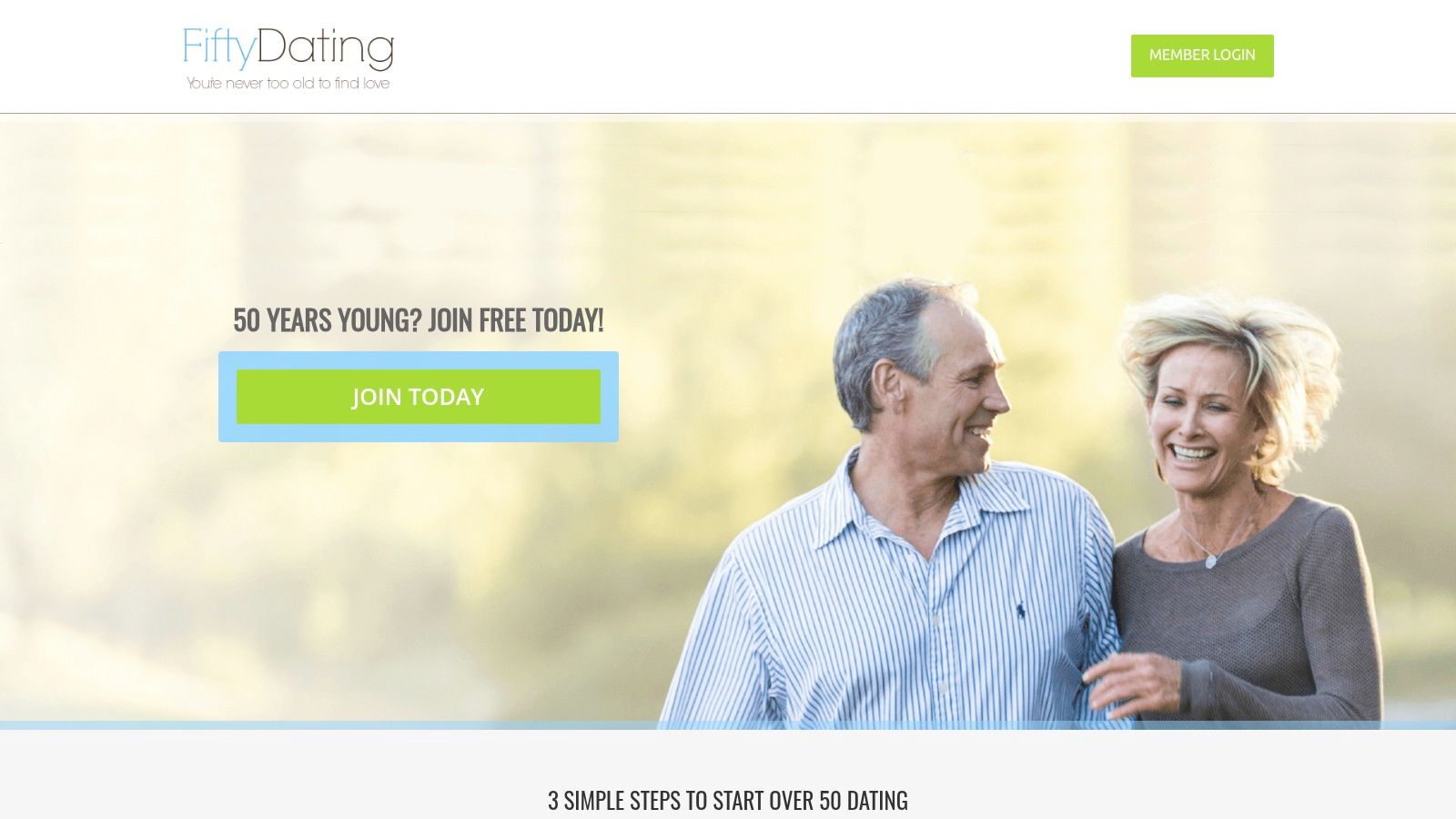 FiftyDating homepage showing a smiling mature couple