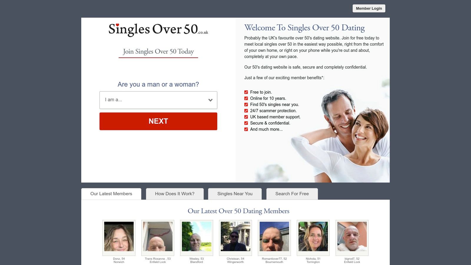 Singles Over 50 homepage showing a mature woman smiling