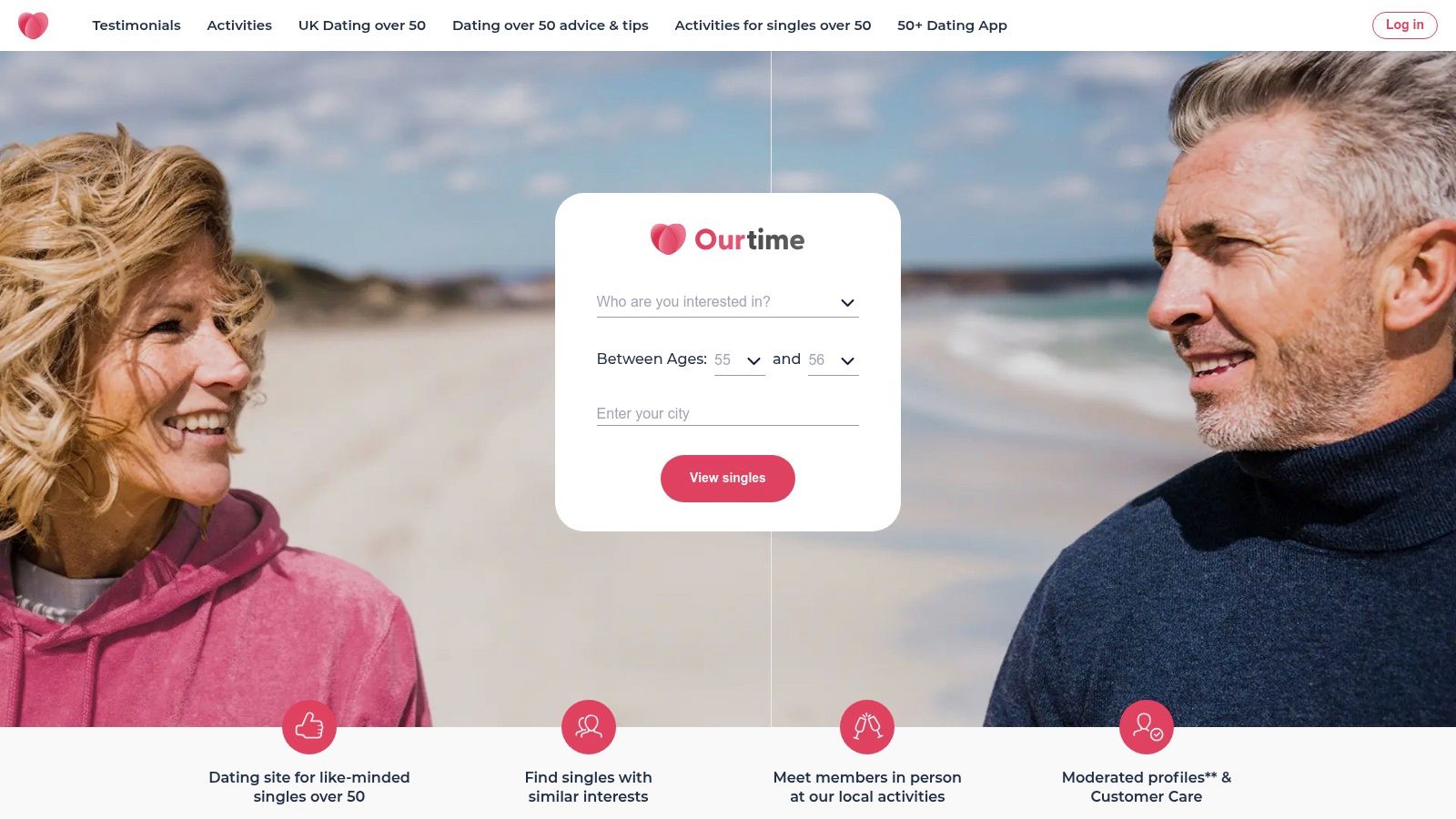 OurTime homepage showcasing a mature man smiling