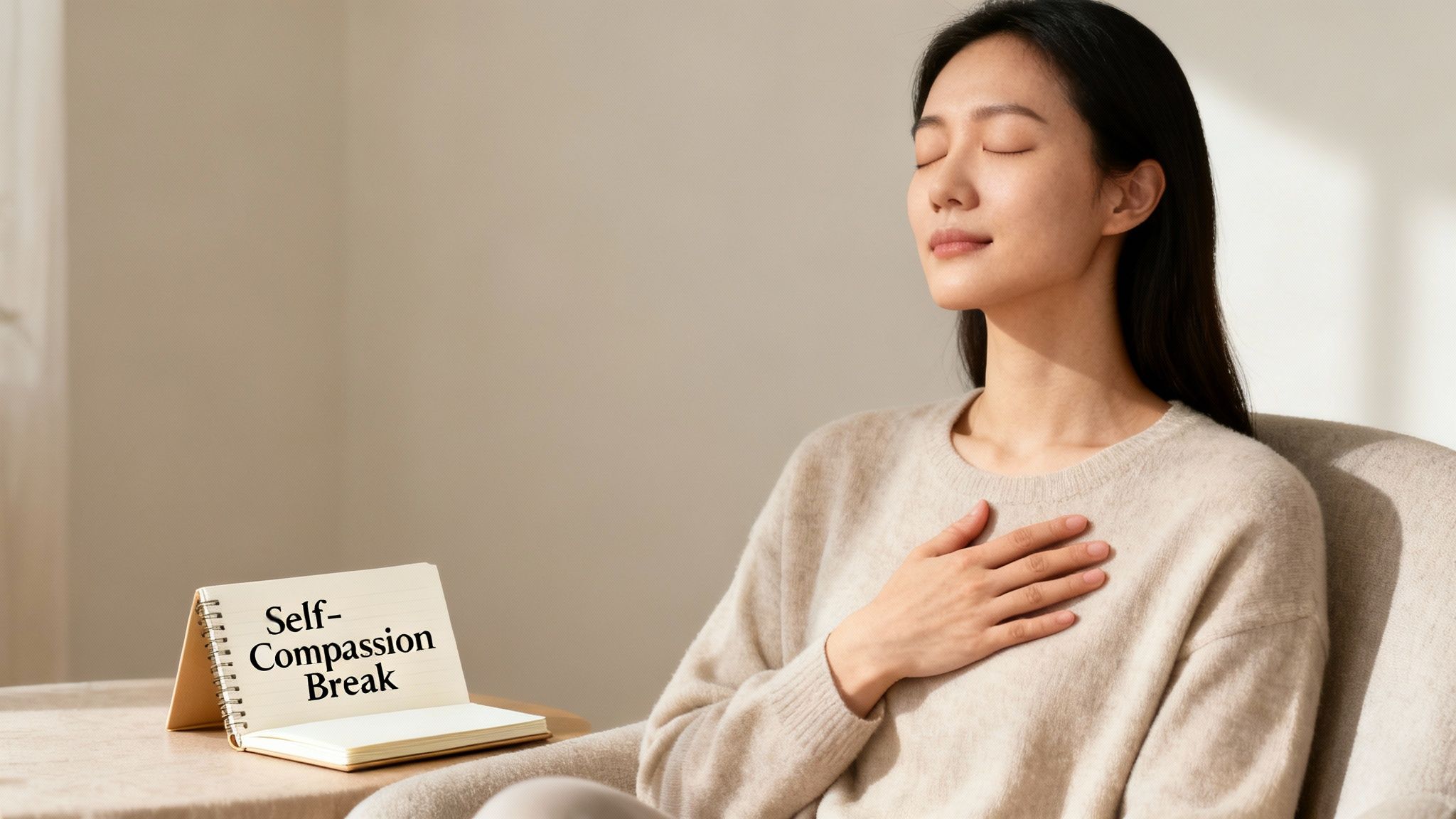 A woman meditates with eyes closed and hand on chest, next to a notebook titled 'Self-Compassion Break'.