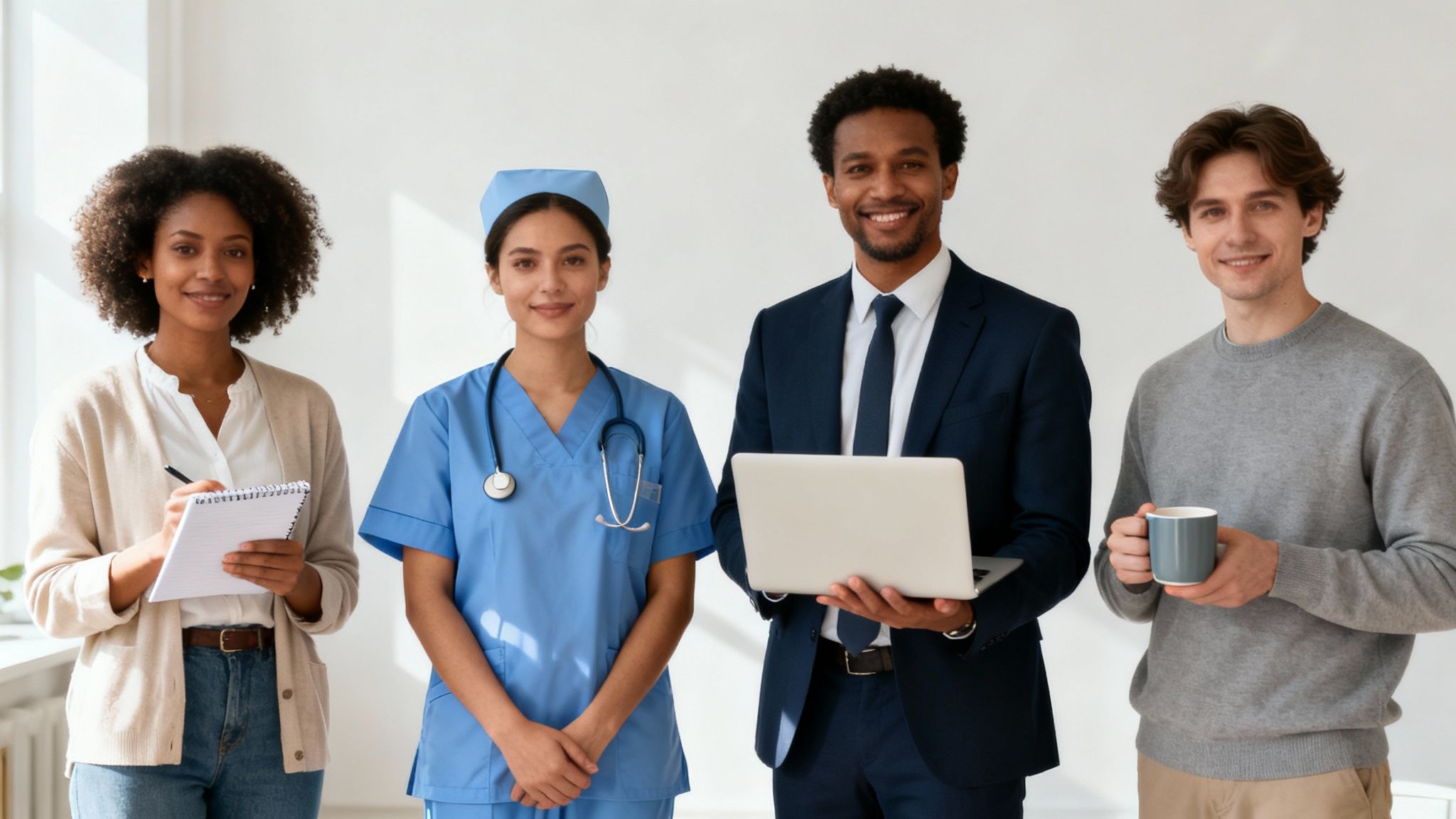 A diverse group of four smiling professionals from different fields, looking at the camera.