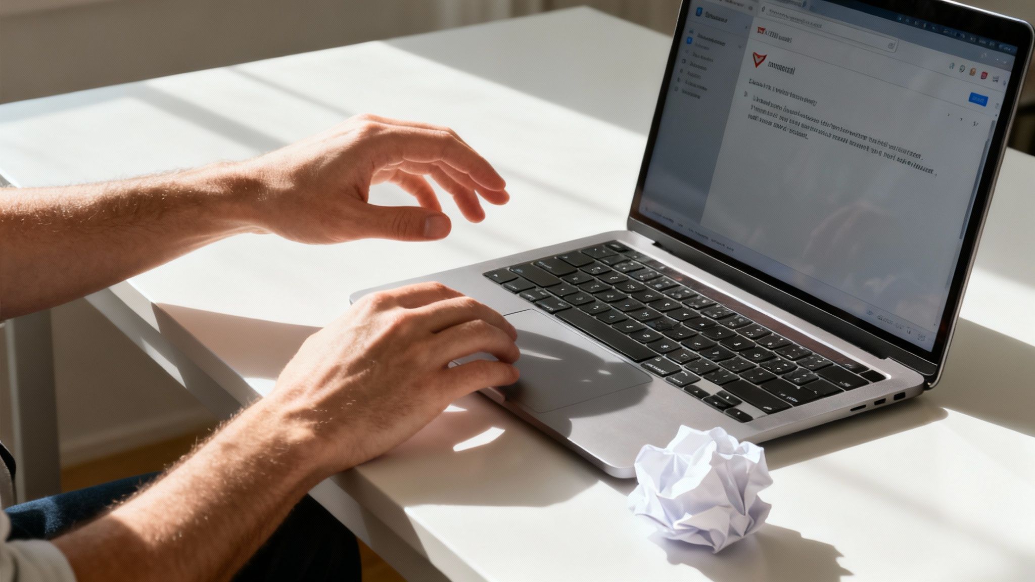 Close-up of a person's hands typing on a laptop with a crumpled paper on a white desk.