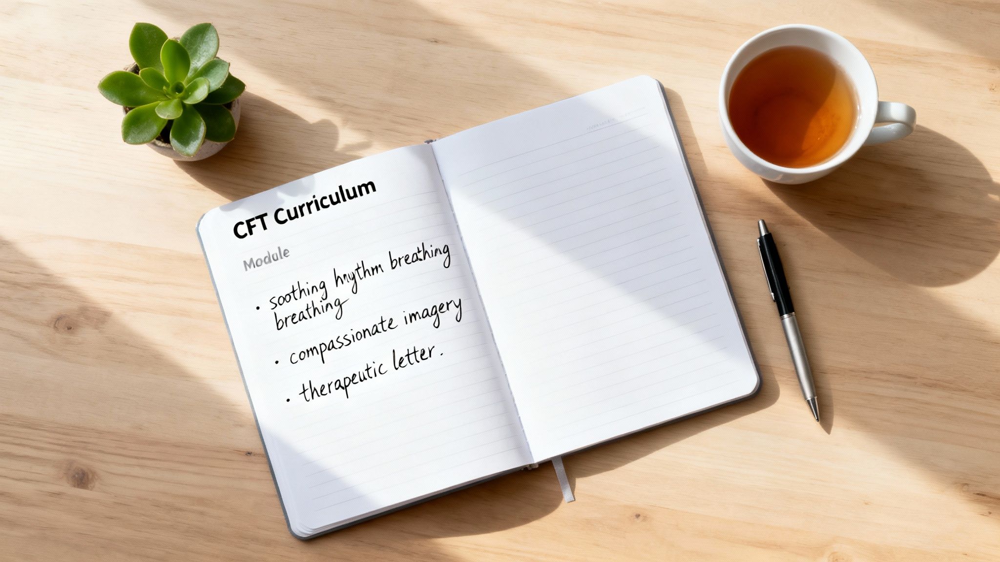 Overhead view of a CFT Curriculum notebook on a wooden desk with tea, a plant, and a pen.