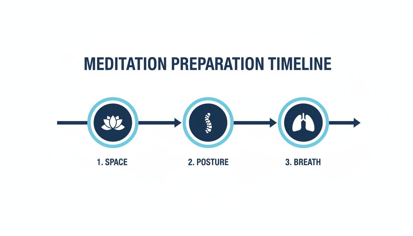 Timeline showing three sequential steps for meditation preparation: space (lotus), posture (spine), and breath (lungs).