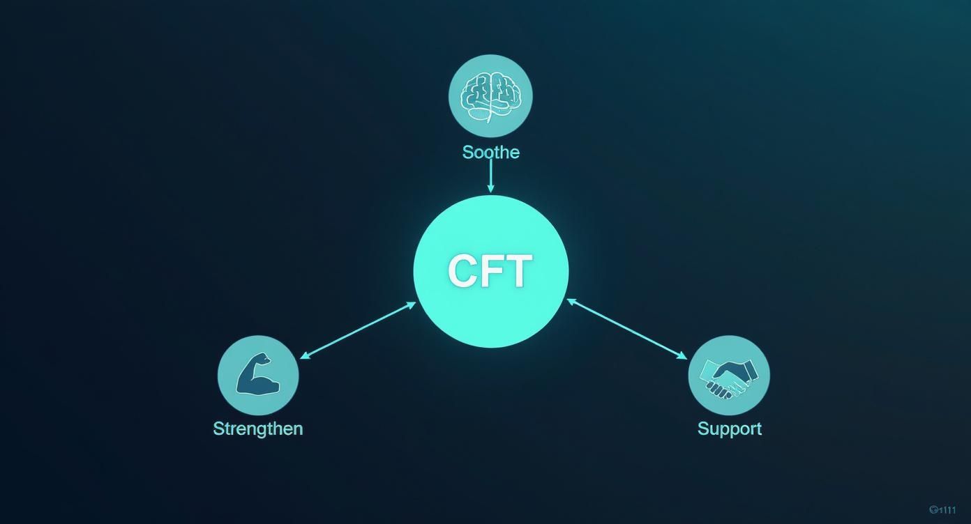 A diagram illustrating Compassion Focused Therapy (CFT) with core components: Soothe, Strengthen, and Support.